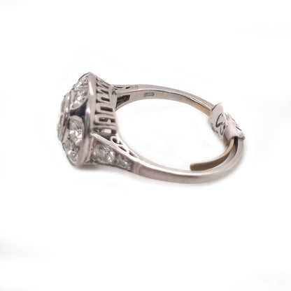 Art Deco French Diamond and Sapphire Target Cluster Ring in Platinum