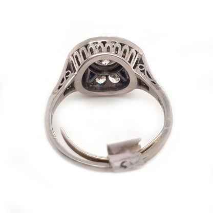 Art Deco French Diamond and Sapphire Target Cluster Ring in Platinum