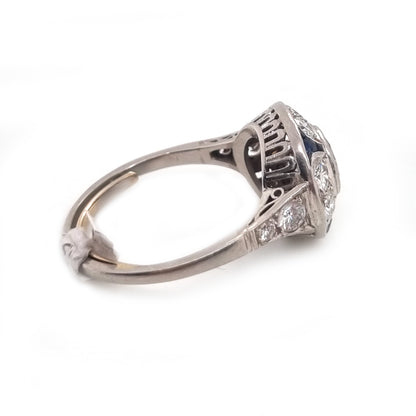 Art Deco French Diamond and Sapphire Target Cluster Ring in Platinum
