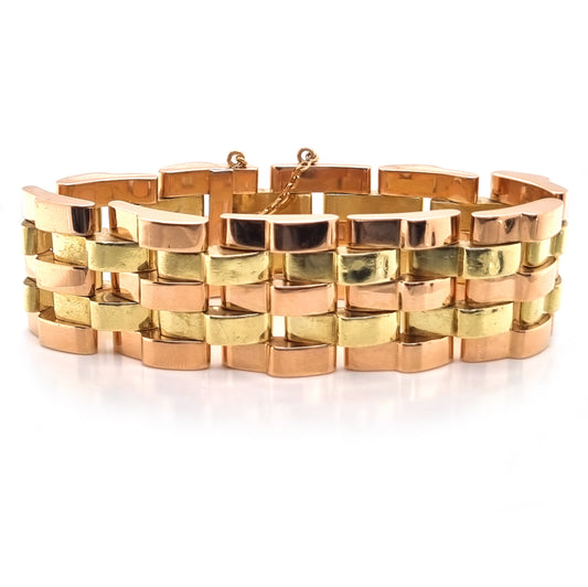 Vintage 1940s Retro Bi Colour 18ct Gold Brick Link Wide Bracelet