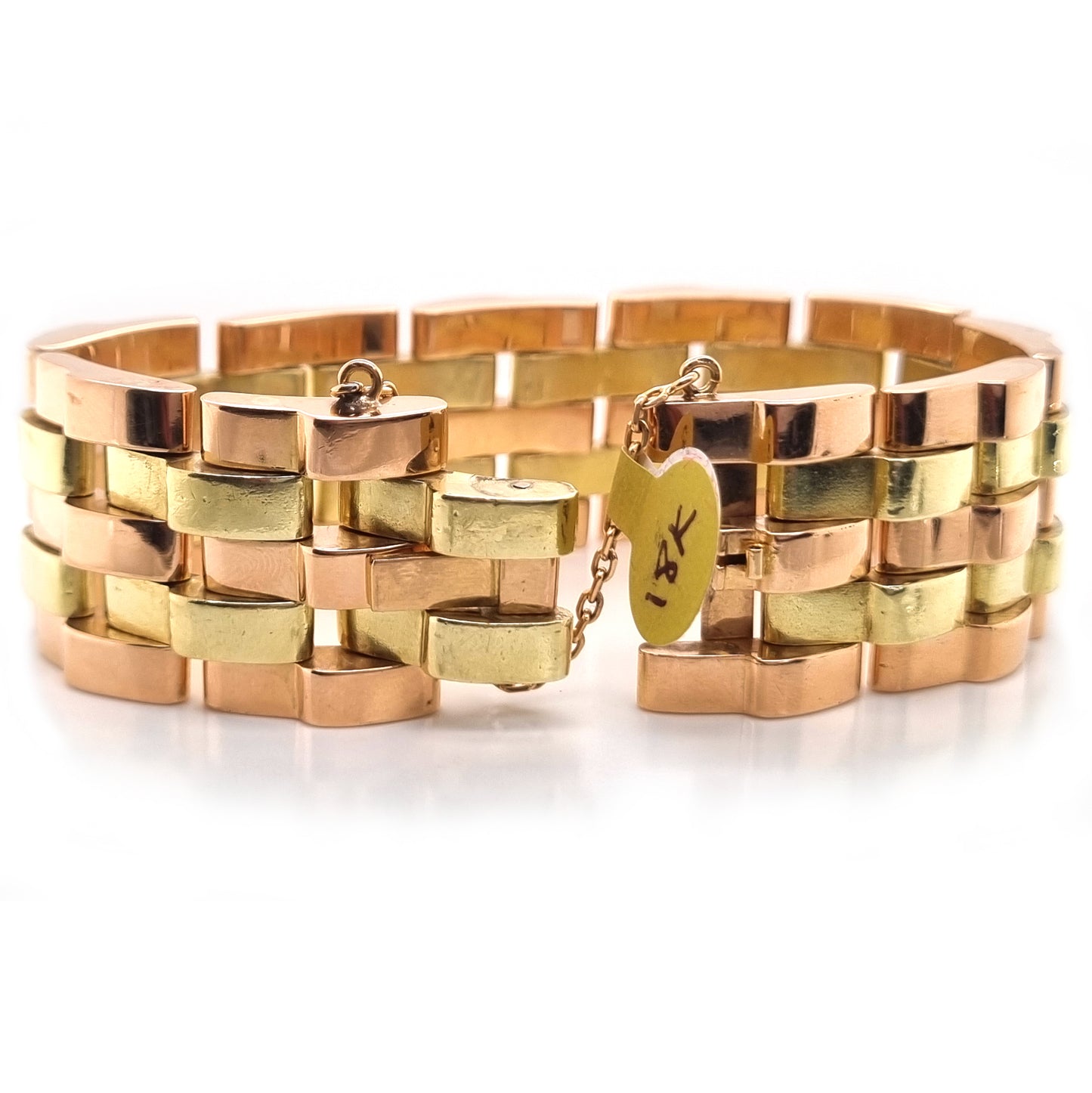 Vintage 1940s Retro Bi Colour 18ct Yellow Rose Gold Brick Link Wide Bracelet