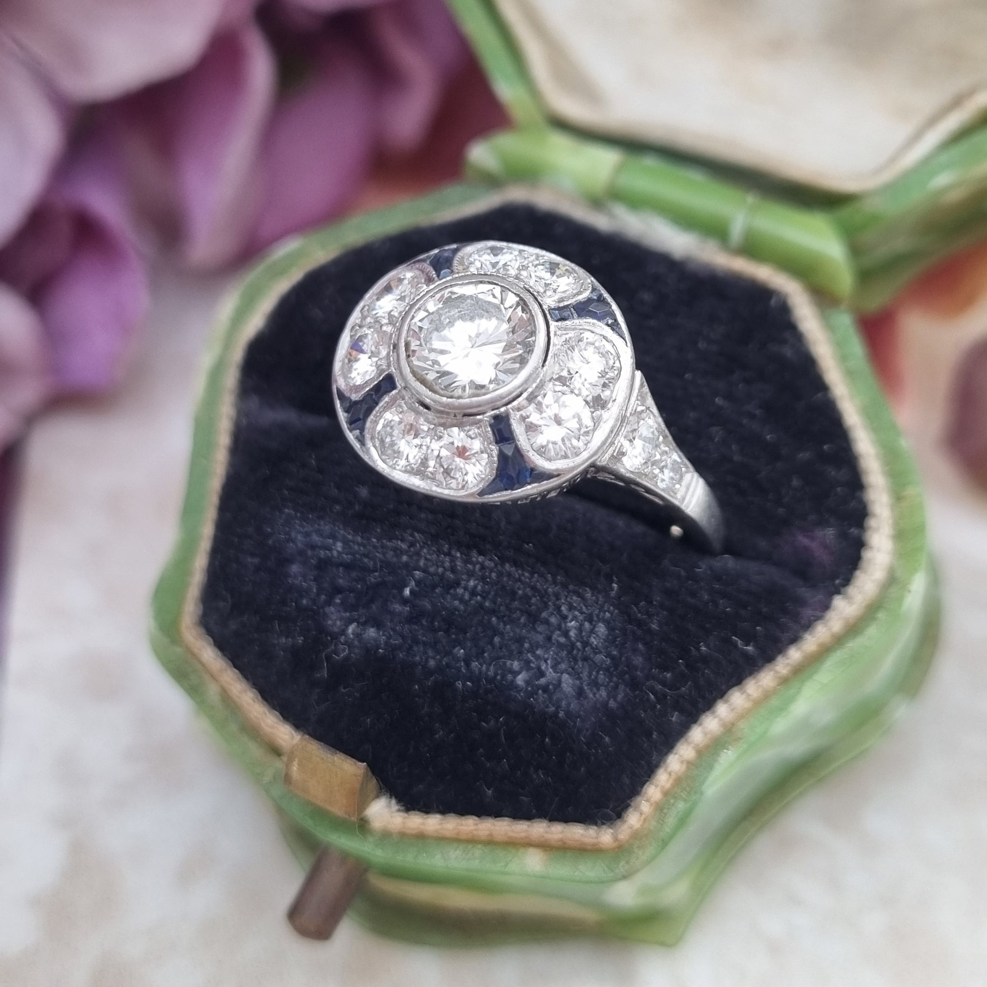 Art Deco French Diamond and Sapphire Target Cluster Ring in Platinum