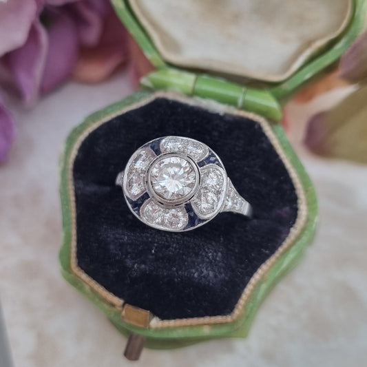 Art Deco French Diamond and Sapphire Target Cluster Ring in Platinum