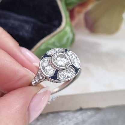 Art Deco French Diamond and Sapphire Target Cluster Ring in Platinum