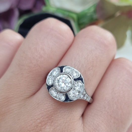 Art Deco French Diamond and Sapphire Target Cluster Ring in Platinum