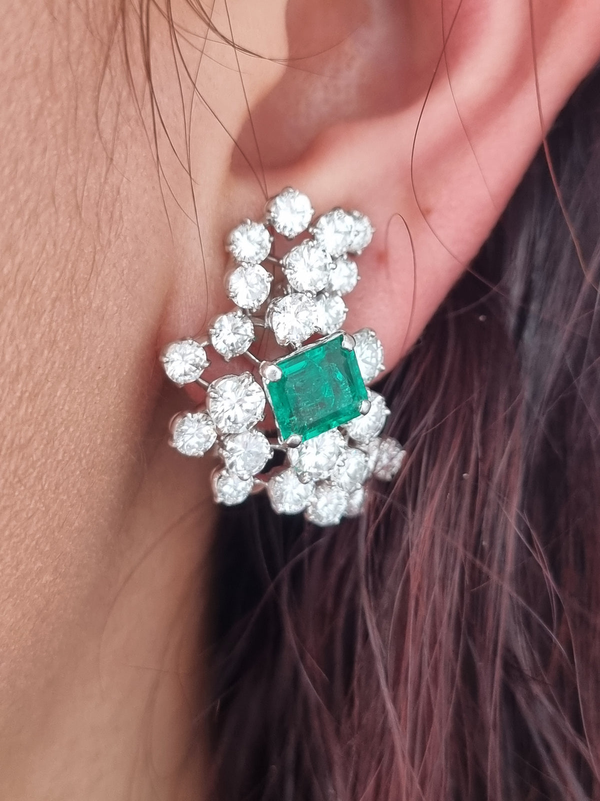 Vintage Colombian Emerald & Diamond Cluster Clip-On Earrings in 18ct White Gold