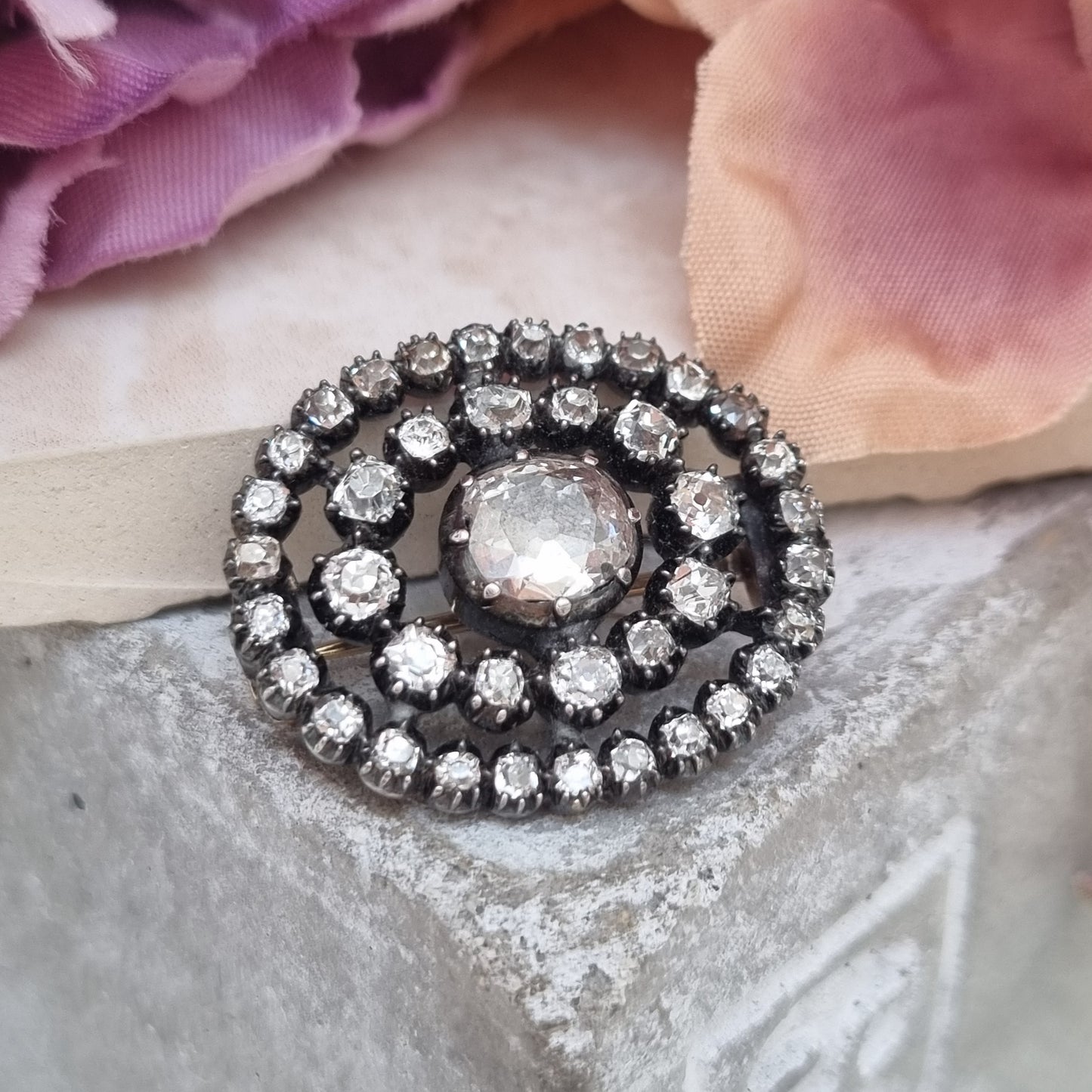 Georgian Antique 2ct Old Cut Diamond Cluster Brooch