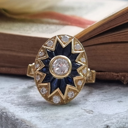 Vintage French 18ct Gold Sapphire and Diamond Star Cluster Oval Plaque Ring