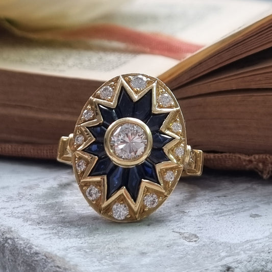 Vintage French 18ct Gold Sapphire and Diamond Star Cluster Ring