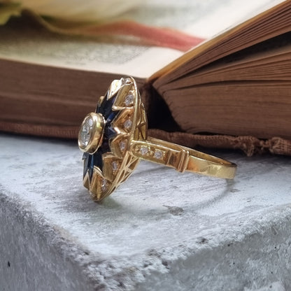 Vintage French 18ct Gold Sapphire and Diamond Star Cluster Oval Plaque Ring