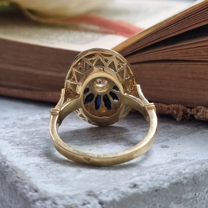 Vintage French 18ct Gold Sapphire and Diamond Star Cluster Oval Plaque Ring