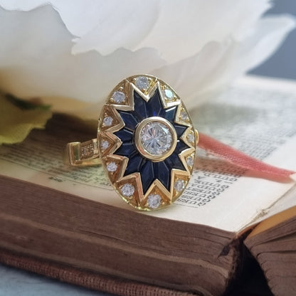 Vintage French 18ct Gold Sapphire and Diamond Star Cluster Oval Plaque Ring
