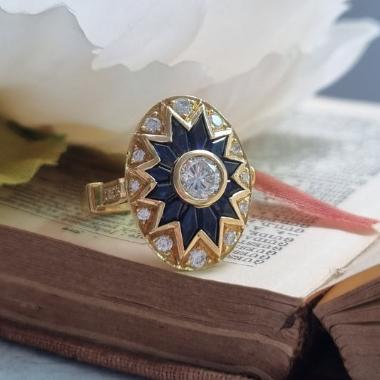 Vintage French 18ct Gold Sapphire and Diamond Star Cluster Oval Plaque Ring