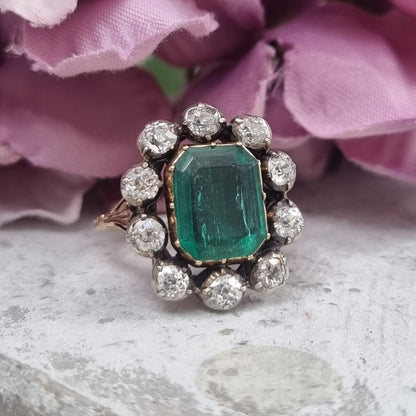Victorian Antique Emerald and Diamond Cluster Ring