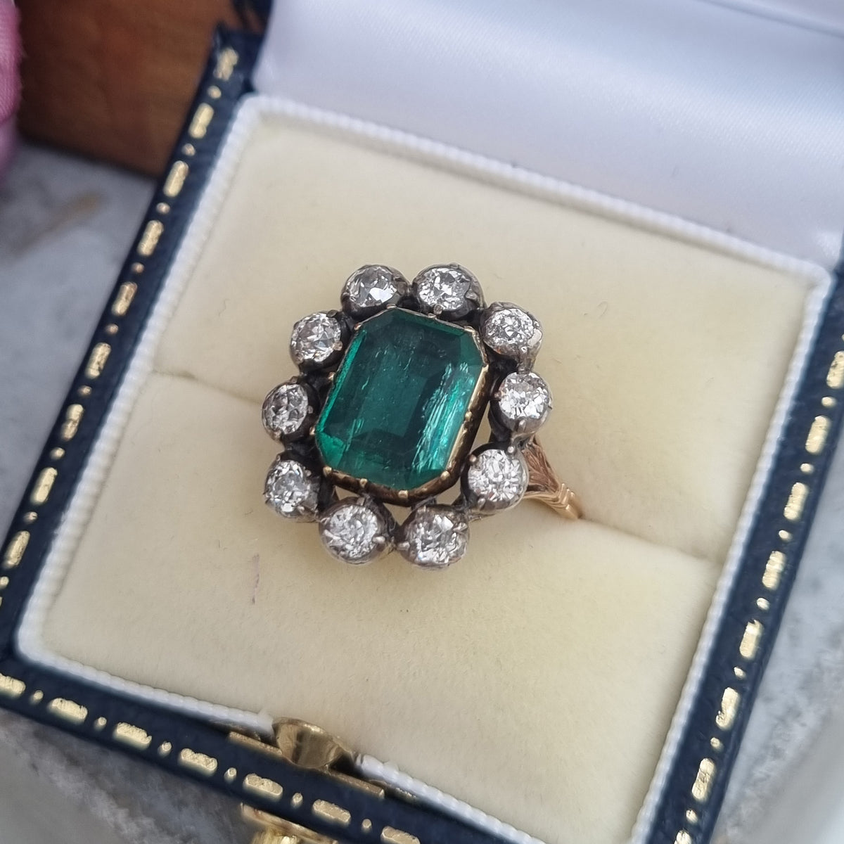 Victorian Antique Emerald and Diamond Cluster Ring