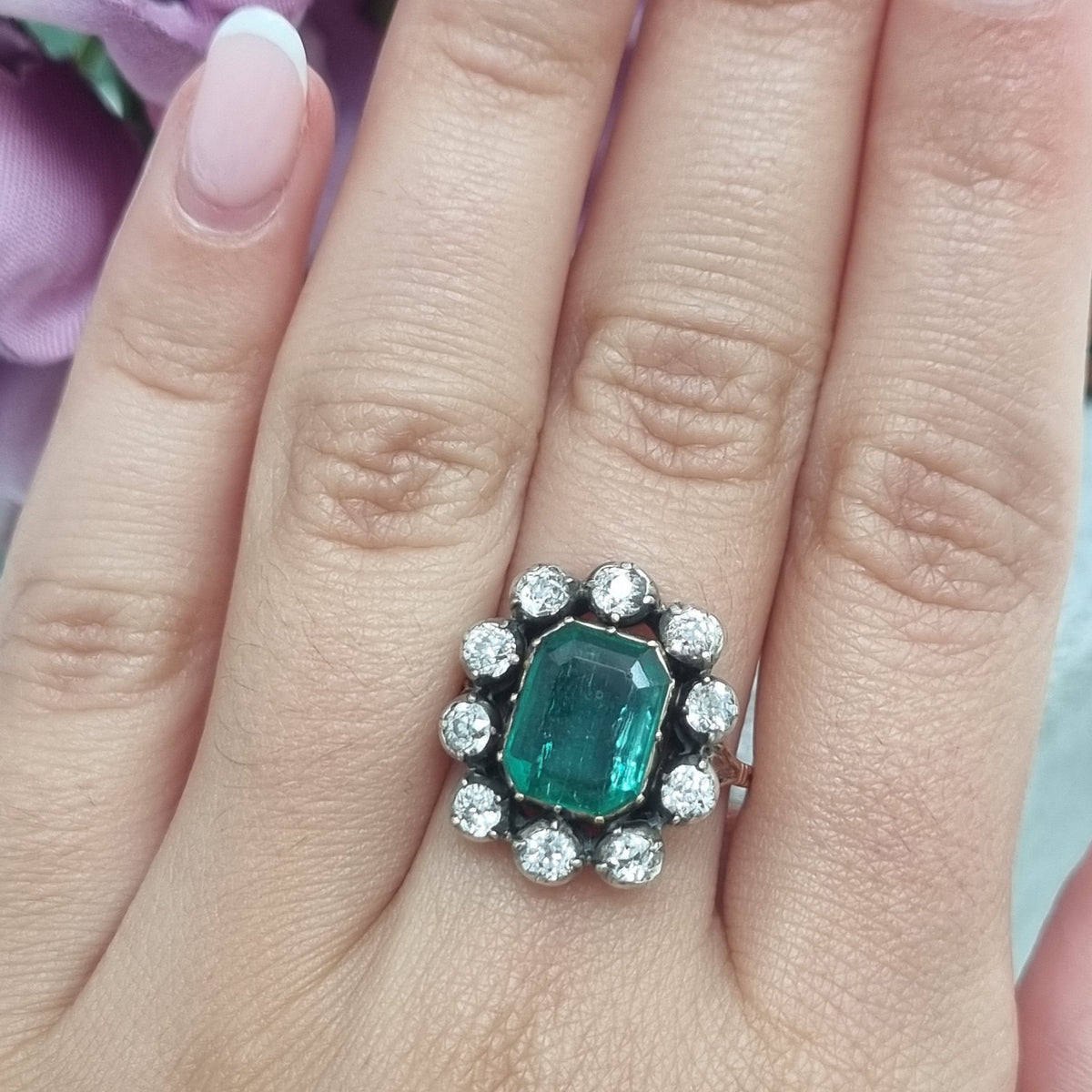 Victorian Antique Emerald and Diamond Cluster Ring