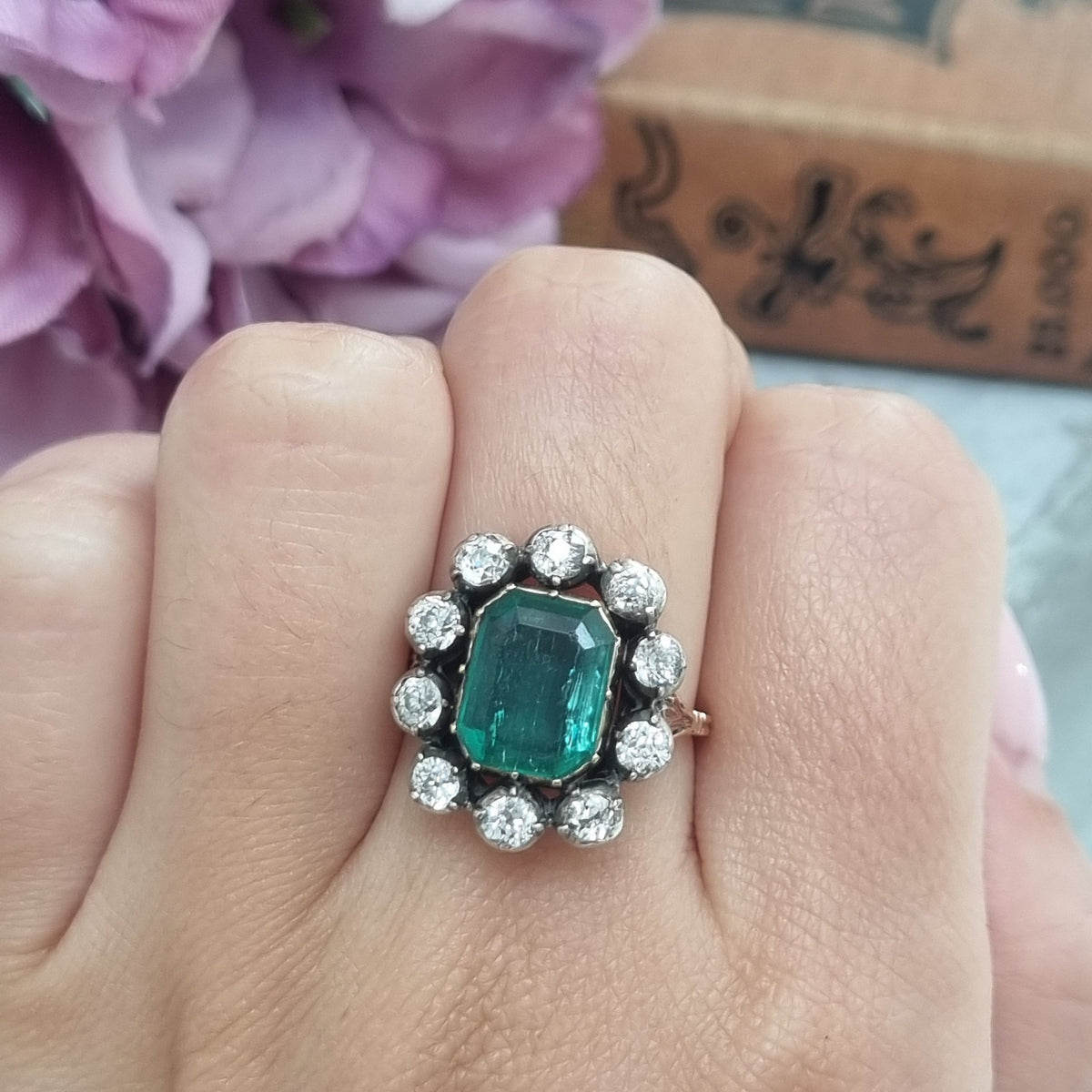 Victorian Antique Emerald and Diamond Cluster Ring