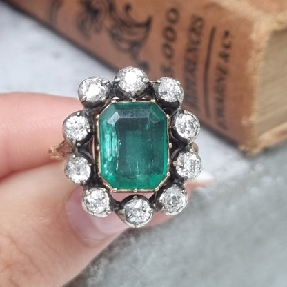 Victorian Antique Emerald and Diamond Cluster Ring