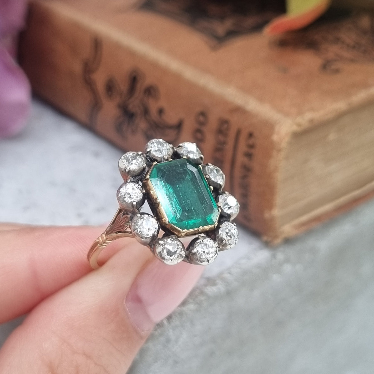Victorian Antique Emerald and Diamond Cluster Ring