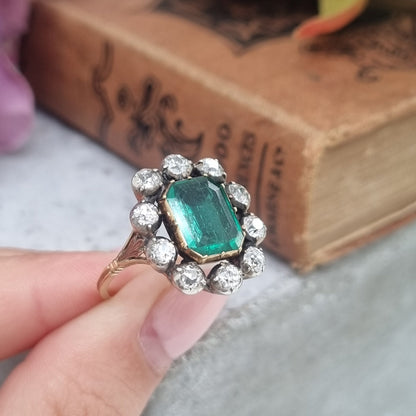 Victorian Antique Emerald and Diamond Cluster Ring