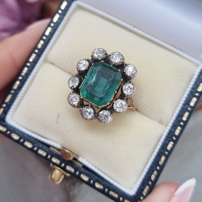 Victorian Antique Emerald and Diamond Cluster Ring