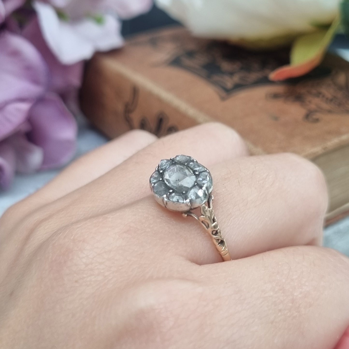 Late Georgian Antique Rose Cut Diamond Cluster Engagement Ring