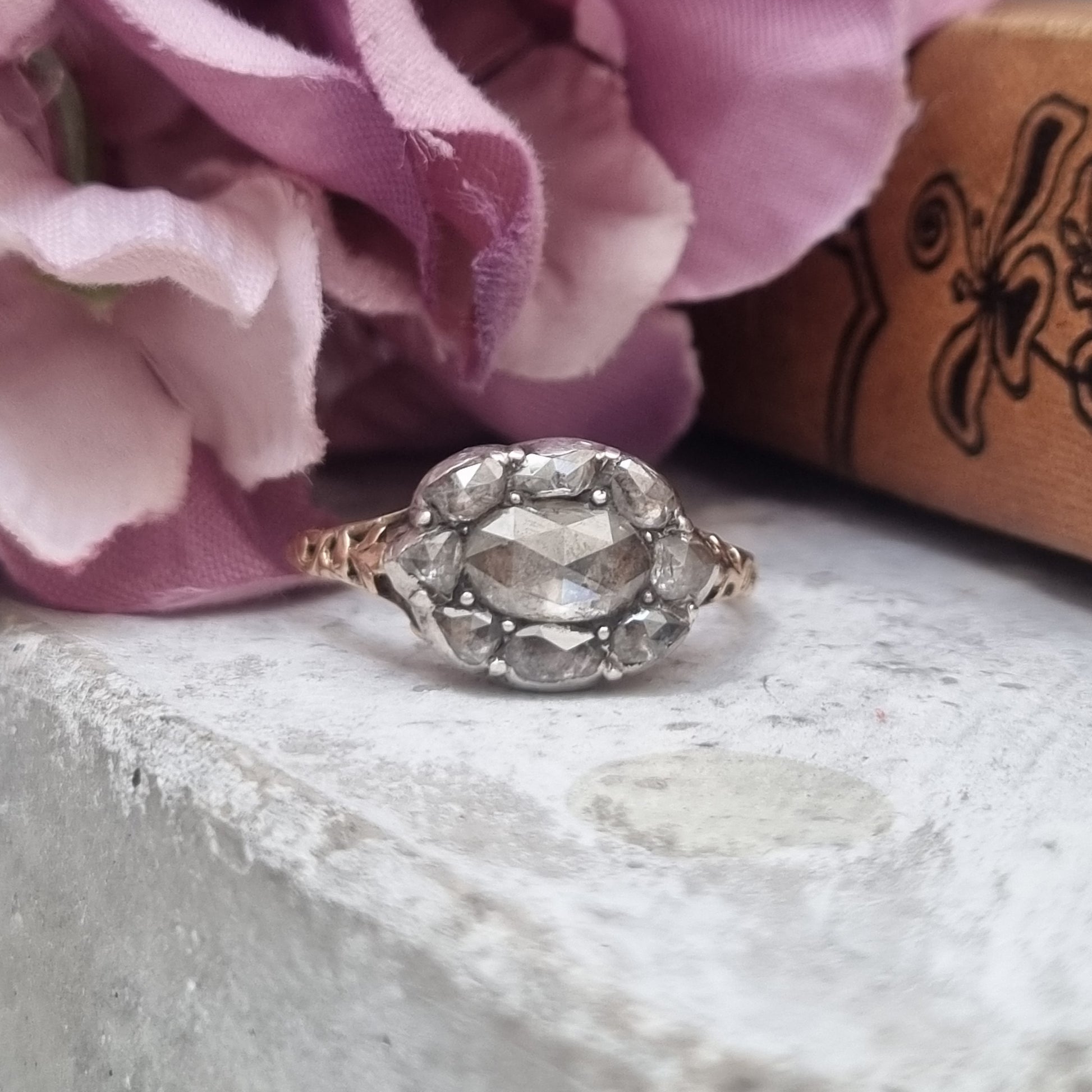 Late Georgian Antique Rose Cut Diamond Cluster Engagement Ring