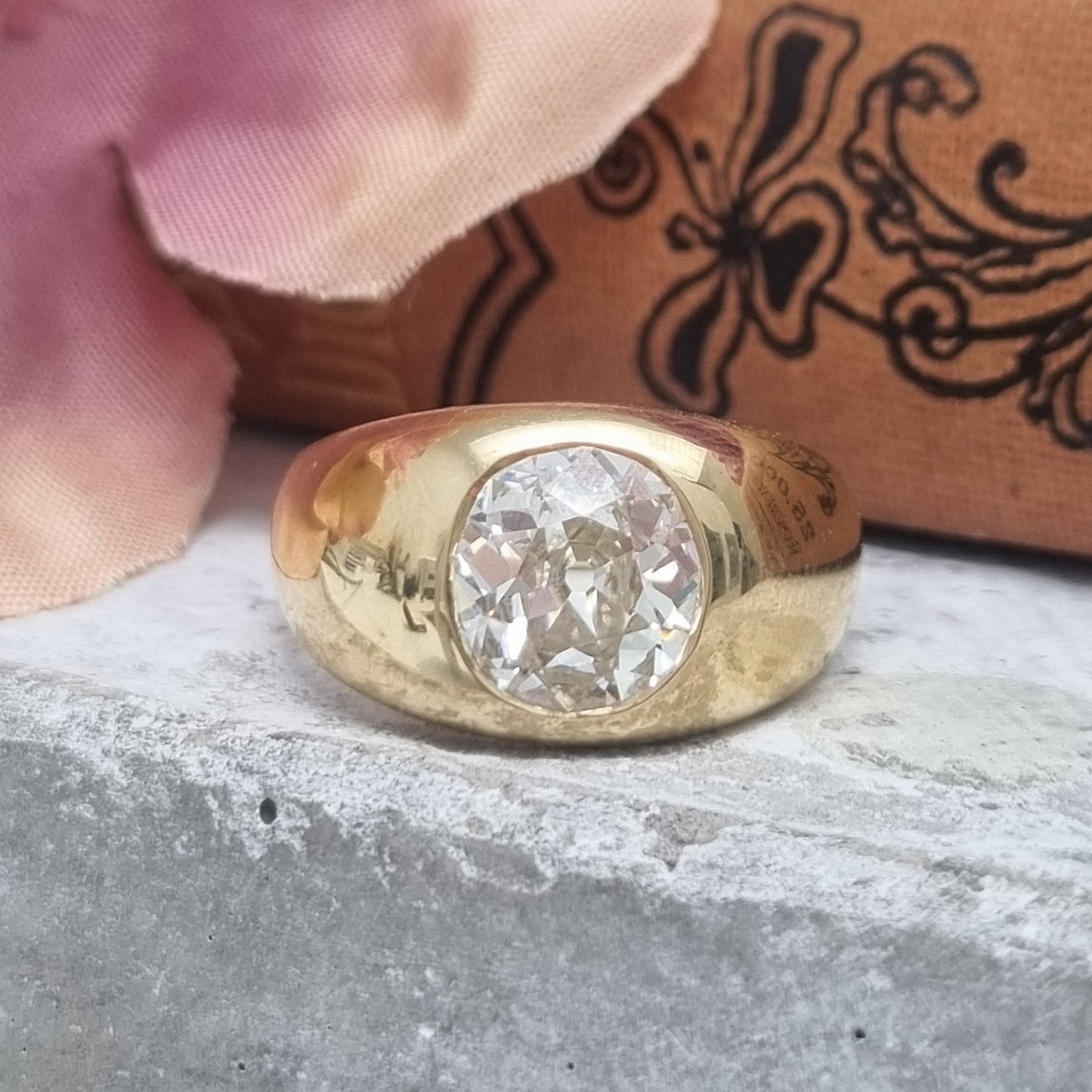 Victorian Antique Single Stone 2.16ct Old Mine Cut Diamond Solitaire Gypsy Ring in Contemporary Mount