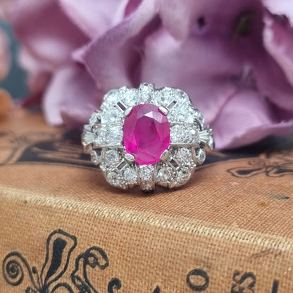 Art Deco 1.65ct Burma Ruby Cluster Dress Ring