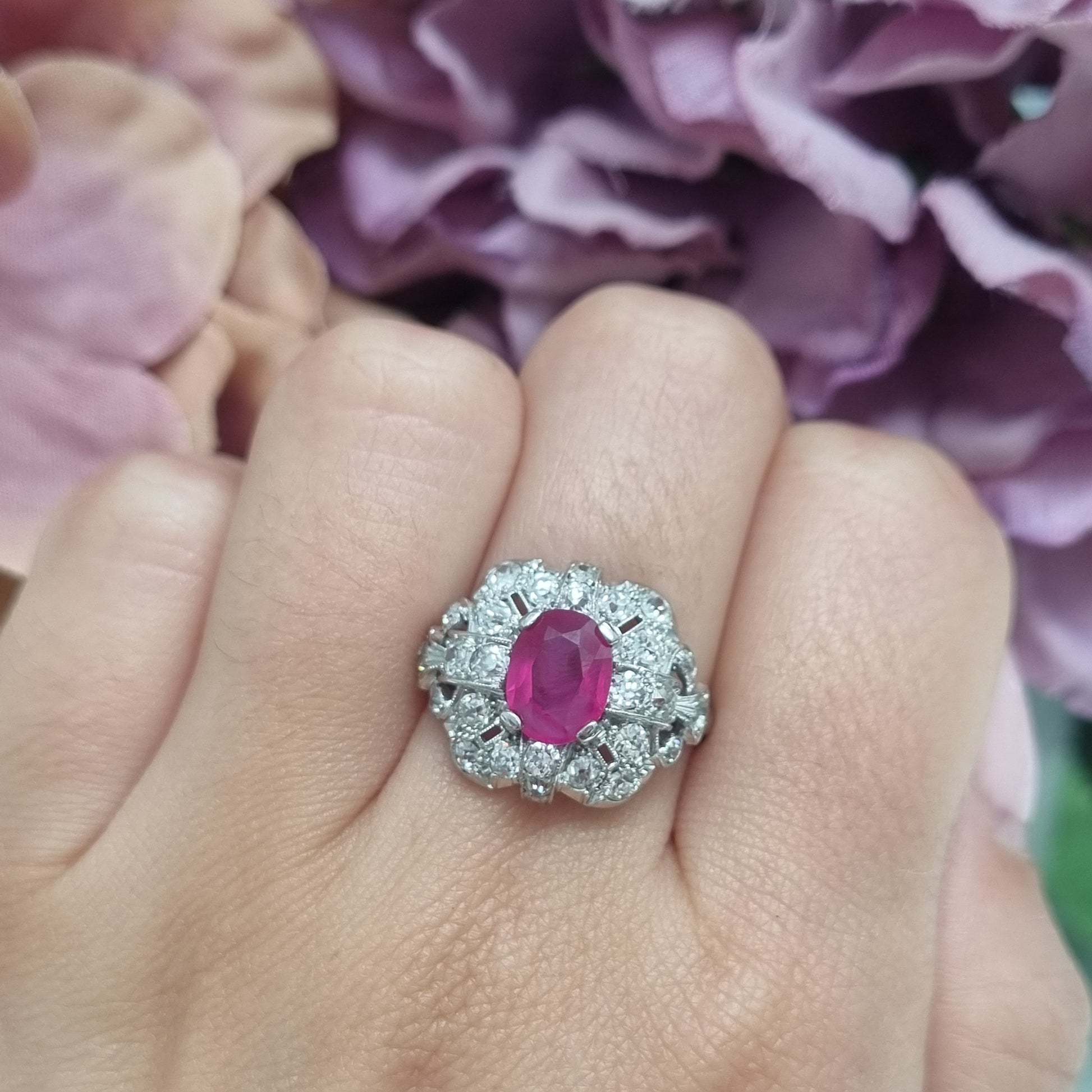 Art Deco 1.65ct Burma Ruby Cluster Dress Ring