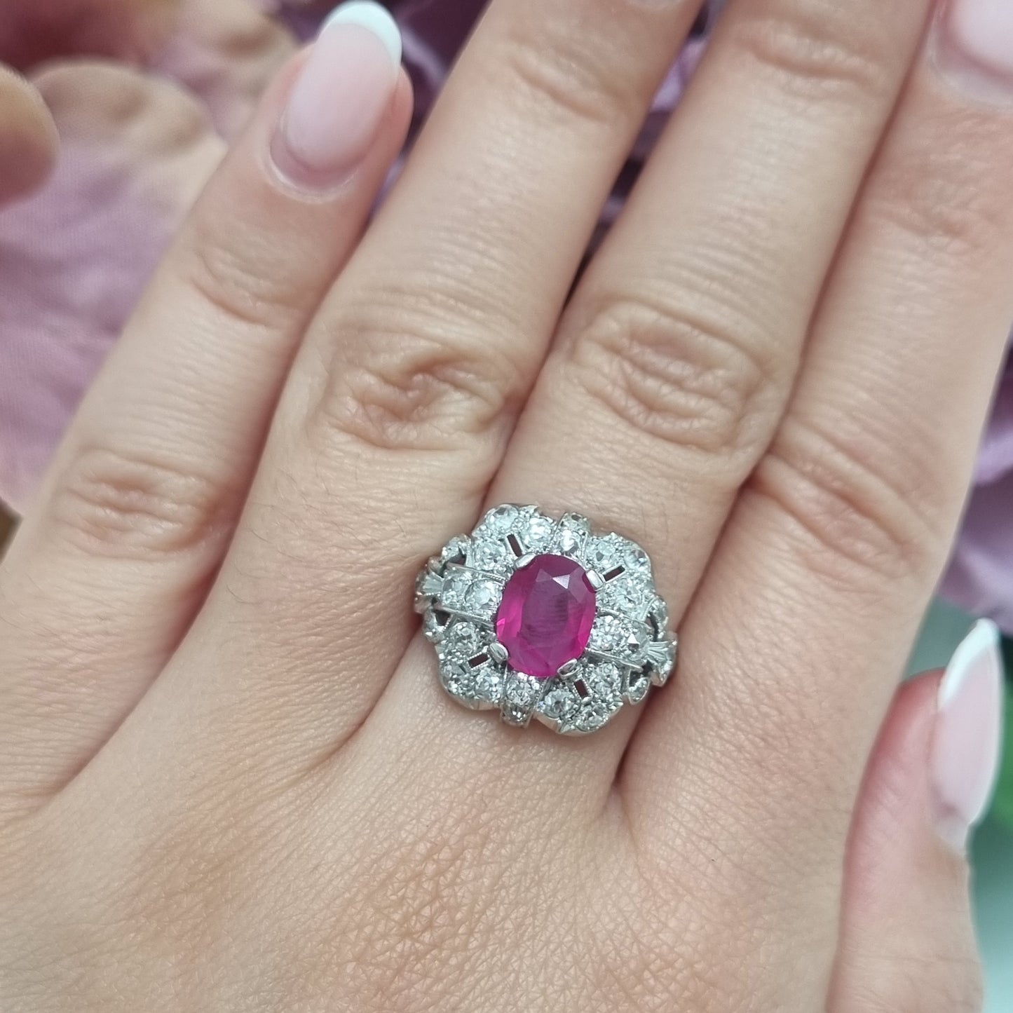 Art Deco 1.65ct Burma Ruby Cluster Dress Ring