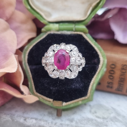 Art Deco 1.65ct Burma Ruby Cluster Dress Ring