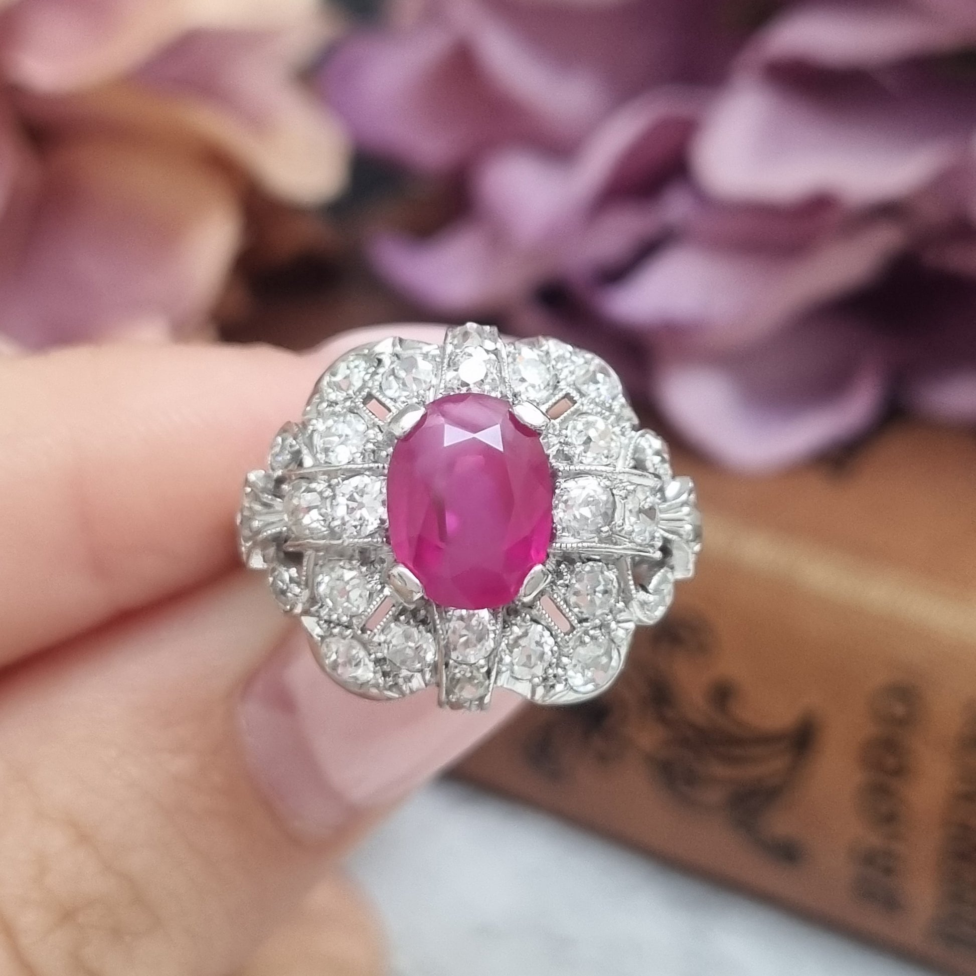 Art Deco 1.65ct Burma Ruby Cluster Dress Ring