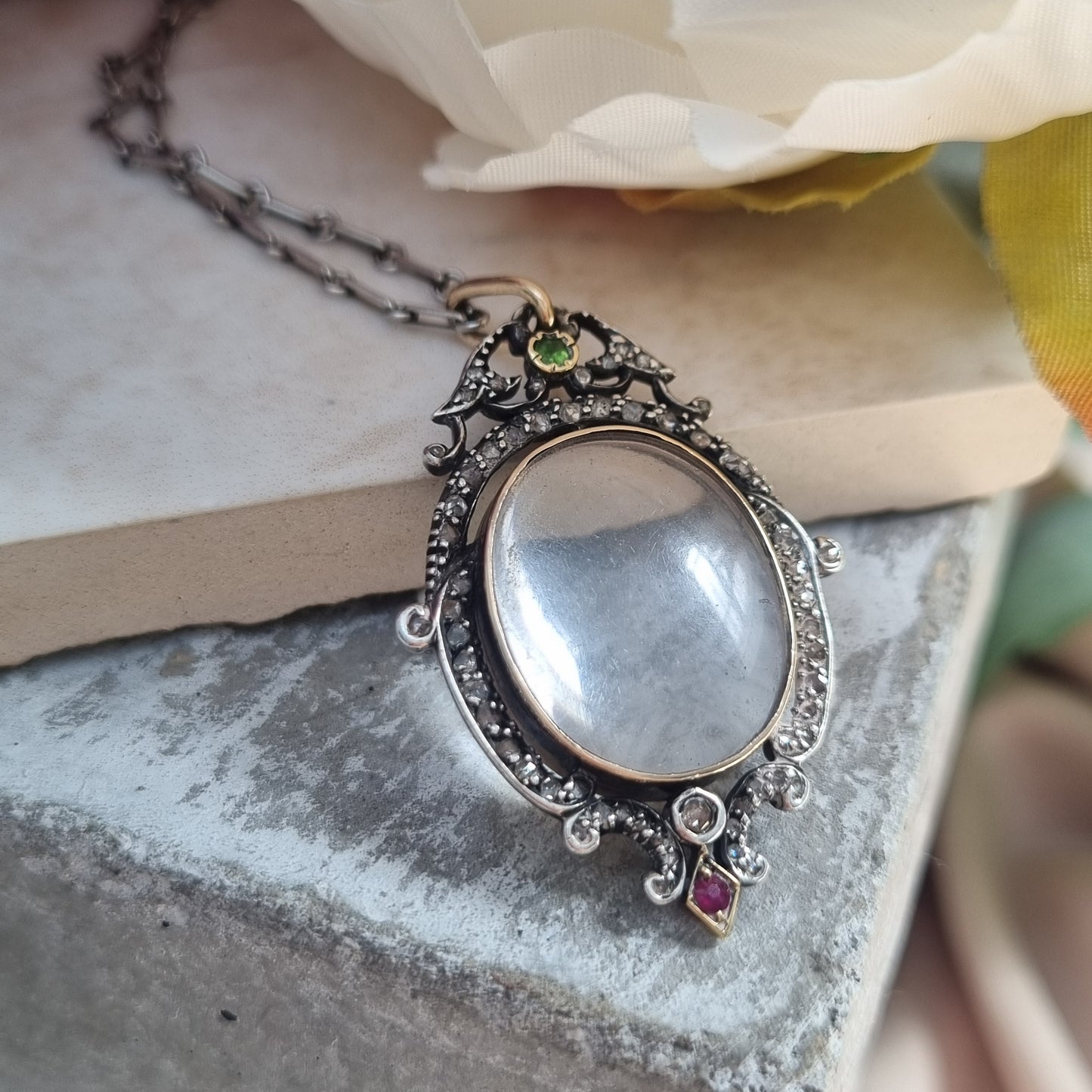 Victorian Antique Rock Crystal and Rose Cut Diamond Cluster Locket Pendant with Emerald and Ruby