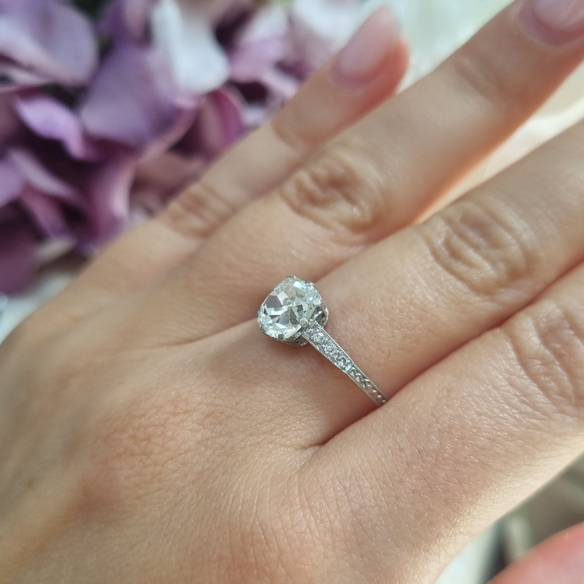 Edwardian Antique 1.52ct Single Stone Old Cushion Cut Diamond Solitaire Engagement Ring in Platinum