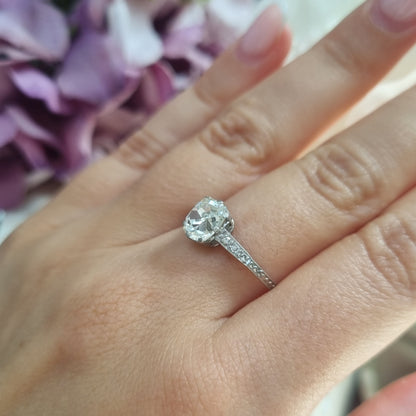 Edwardian Antique 1.52ct Single Stone Old Cushion Cut Diamond Solitaire Engagement Ring in Platinum