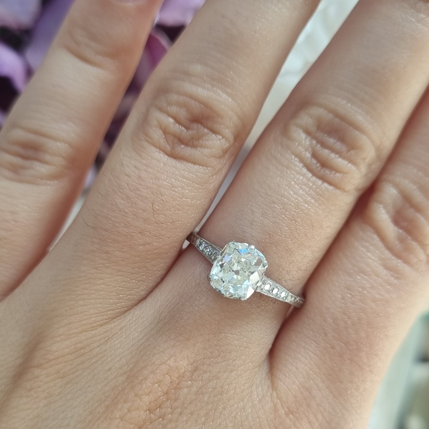 Edwardian Antique 1.52ct Single Stone Old Cushion Cut Diamond Solitaire Engagement Ring in Platinum