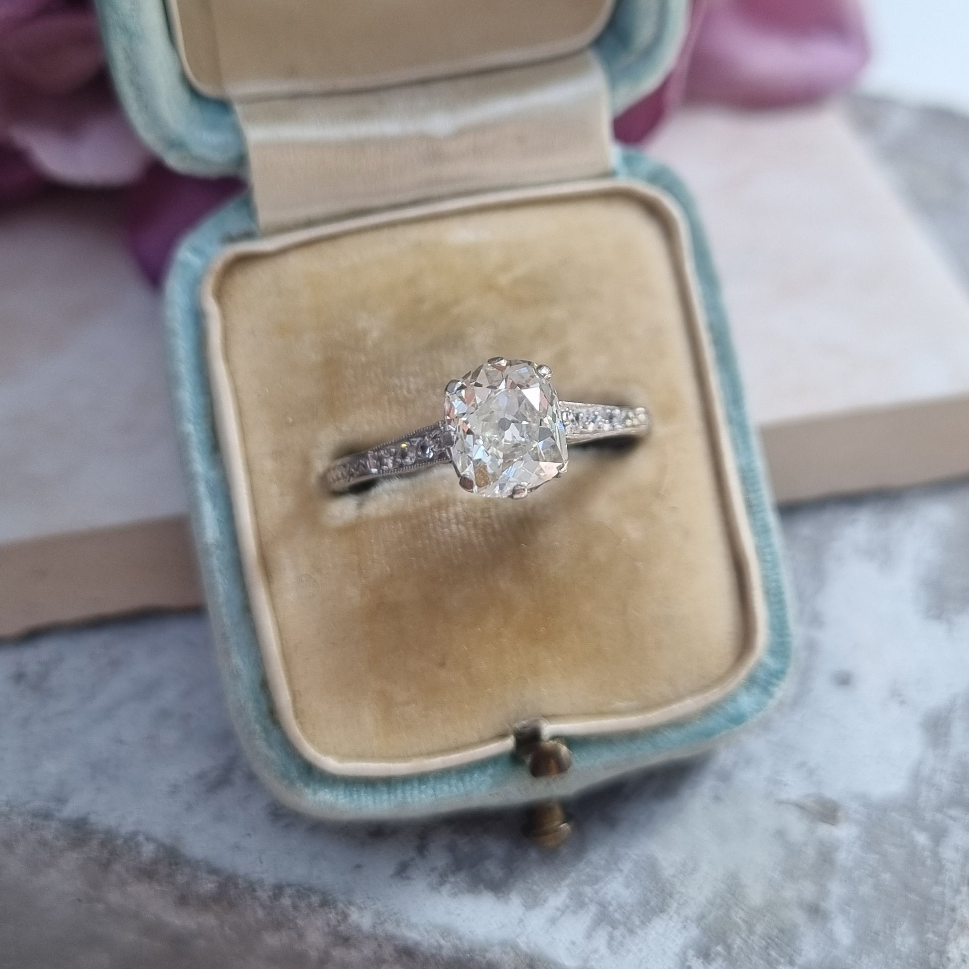 Edwardian Antique 1.52ct Single Stone Old Cushion Cut Diamond Solitaire Engagement Ring in Platinum