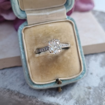 Edwardian Antique 1.52ct Single Stone Old Cushion Cut Diamond Solitaire Engagement Ring in Platinum