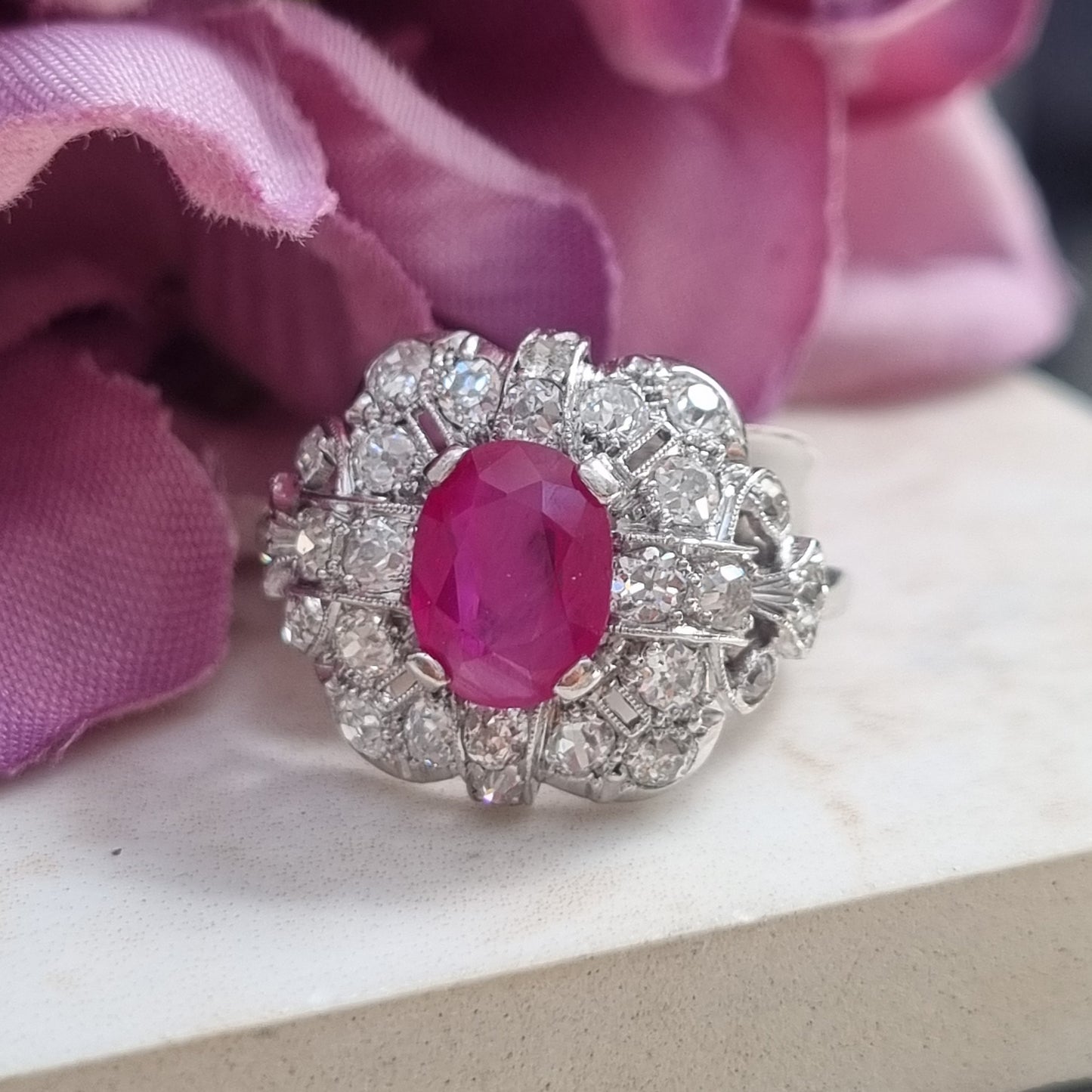 Art Deco 1.65ct Burma Ruby Cluster Dress Ring