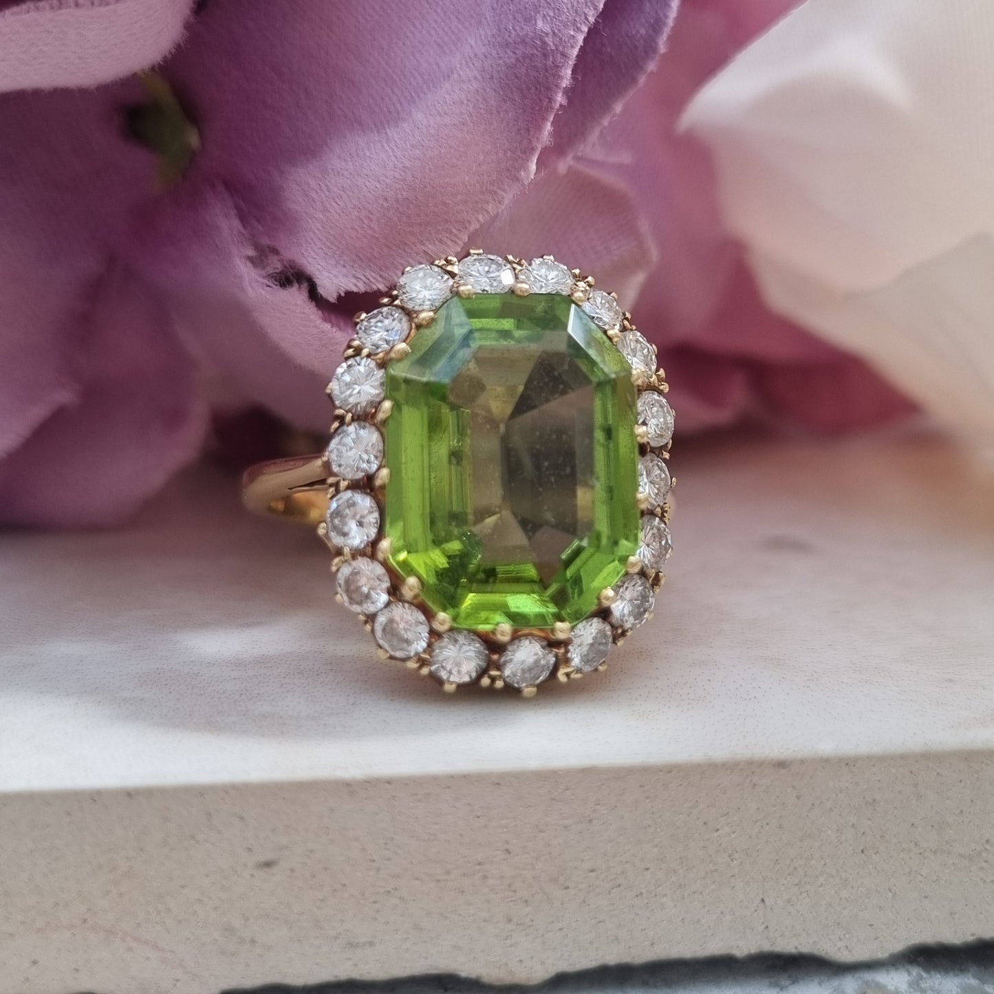 Vintage 6cts Peridot and Diamond Cluster Dress Cocktail Ring, Circa 1940s