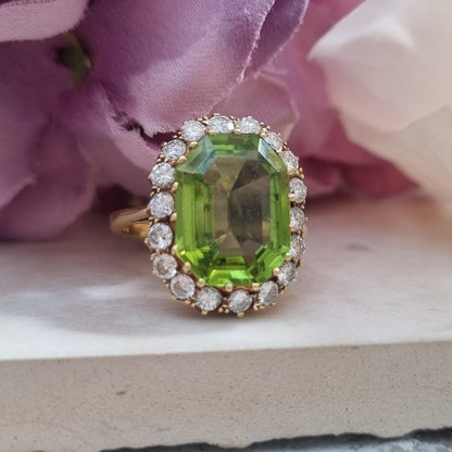 Vintage 6cts Peridot and Diamond Cluster Dress Cocktail Ring, Circa 1940s
