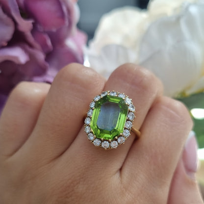Vintage 6cts Peridot and Diamond Cluster Dress Cocktail Ring, Circa 1940s