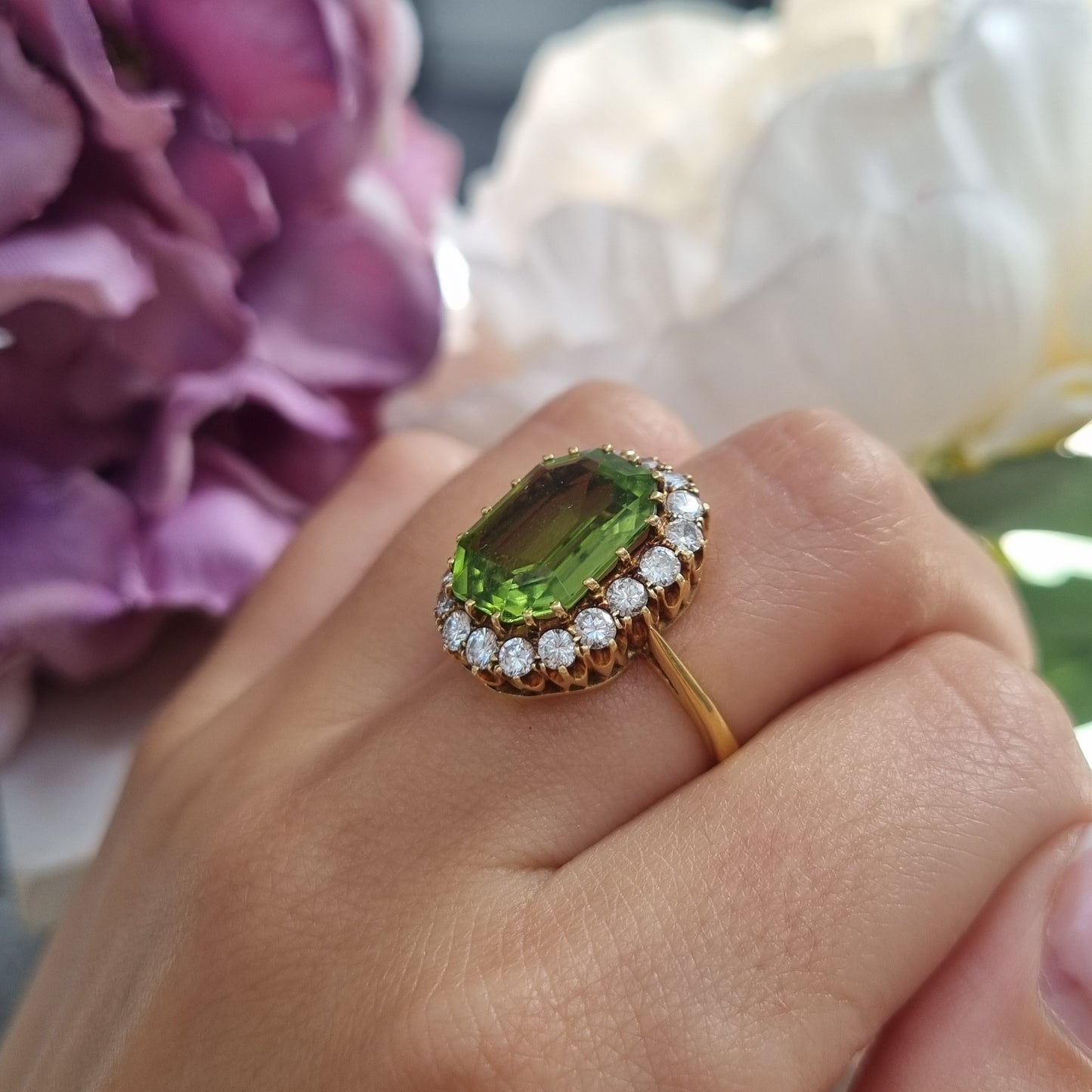 Vintage 6cts Peridot and Diamond Cluster Dress Cocktail Ring, Circa 1940s