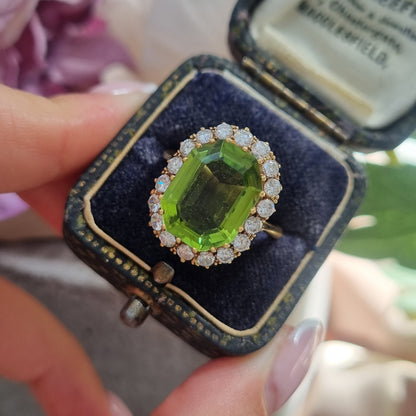 Vintage 6cts Peridot and Diamond Cluster Dress Cocktail Ring, Circa 1940s