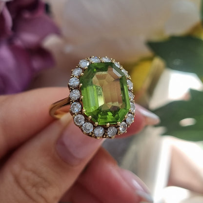 Vintage 6cts Peridot and Diamond Cluster Dress Cocktail Ring, Circa 1940s