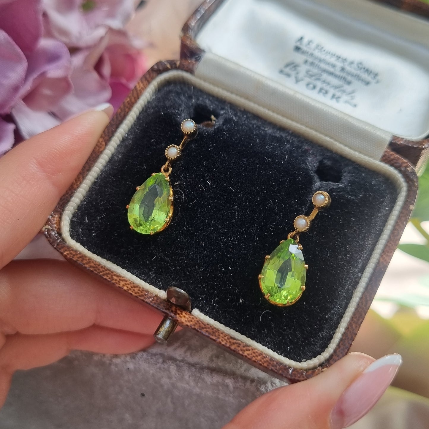Victorian Antique Pear Shape Peridot and Natural Pearl Drop Earrings