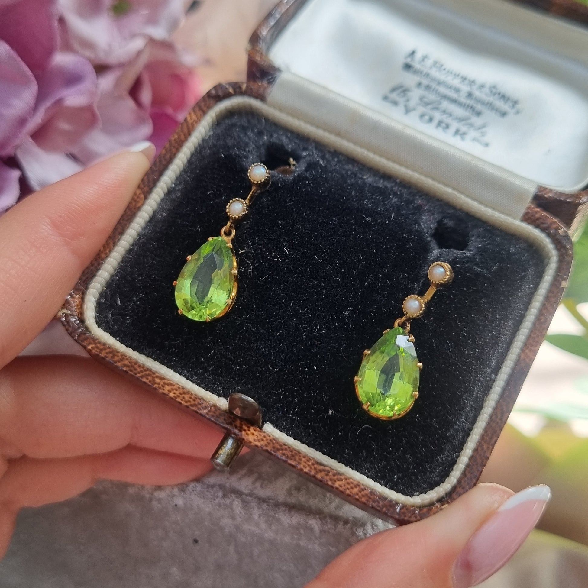 Victorian Antique Pear Shape Peridot and Natural Pearl Drop Earrings