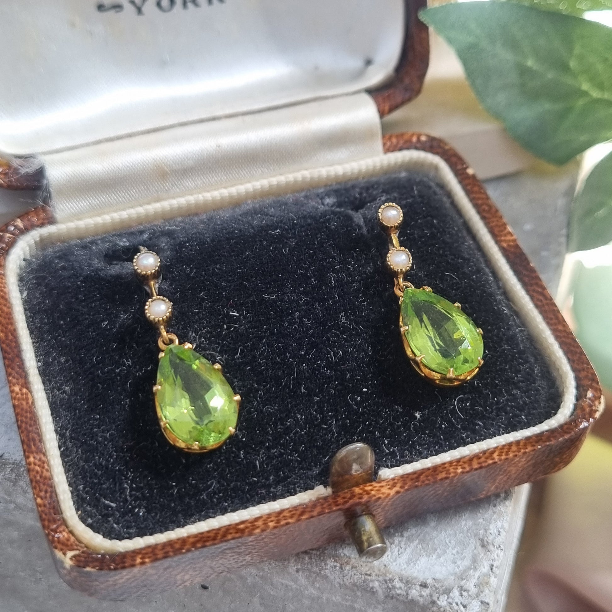 Victorian Antique Pear Shape Peridot and Natural Pearl Drop Earrings
