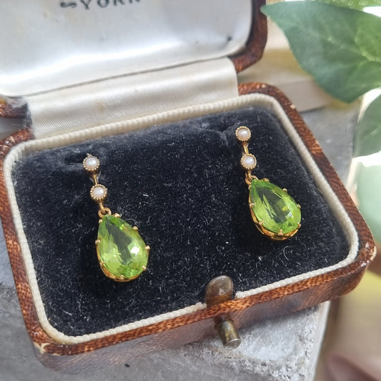 Victorian Antique Pear Shape Peridot and Natural Pearl Drop Earrings